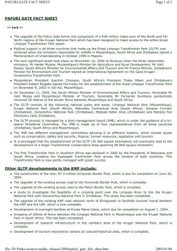 PAFURI GATE FACT SHEET Other GLTP developments ... - SANParks