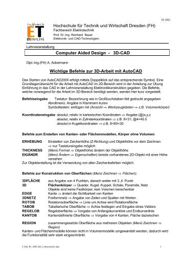 3D-CAD Wichtige Befehle zur 3d-Arbeit mit Autocad Hochschule für