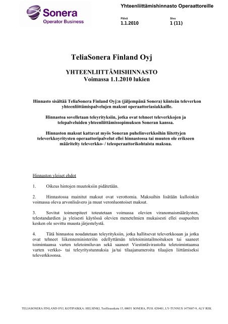 DSL-operaattorituotteen hinnasto - Sonera