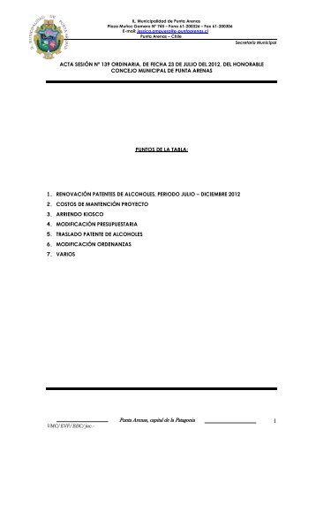 Punta Arenas, capital de la Patagonia ACTA SESIÃN NÂº 139 ...