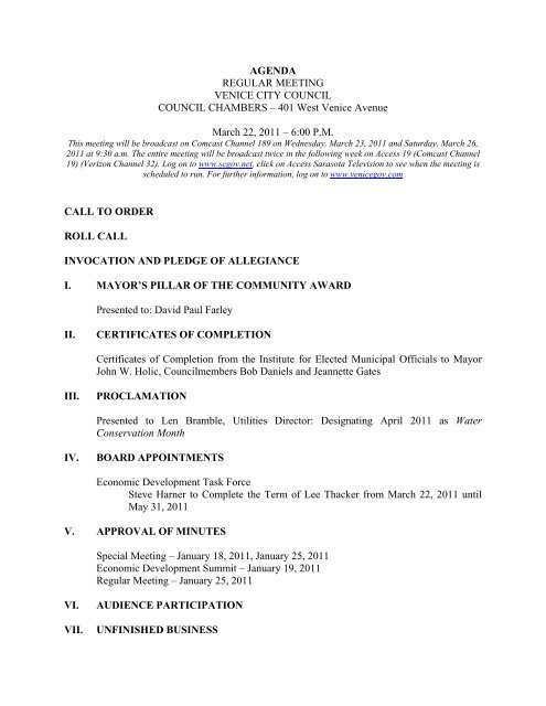 AGENDA REGULAR MEETING VENICE CITY ... - City of Venice.