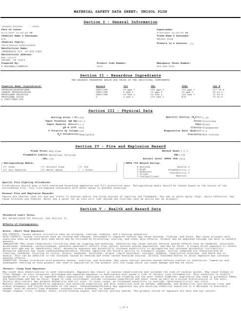 MATERIAL SAFETY DATA SHEET: UNISOL PLUS ... - services