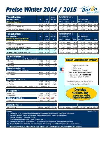 Buron Wintersport Preisliste