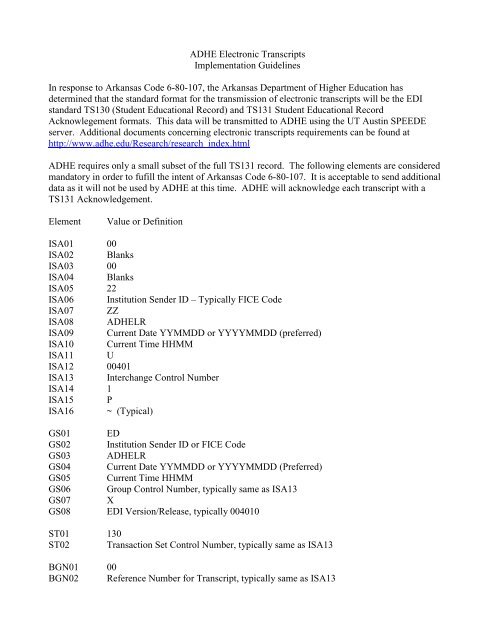 ADHE Electronic Transcripts Implementation Guidelines In response ...