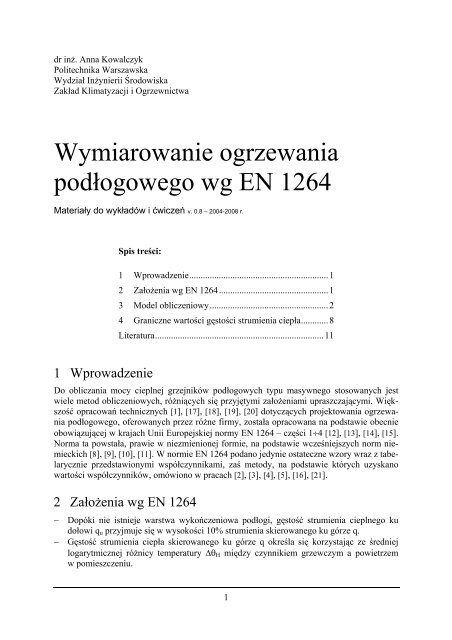 Wymiarowanie ogrzewania podÅogowego wg EN 1264 - WydziaÅ ...