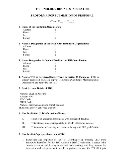 Guidelines & Proforma for Submitting TBI Proposal - NSTEDB