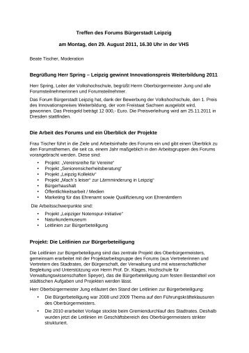 Treffen des Forums Bürgerstadt Leipzig am Montag, den 29. August ...