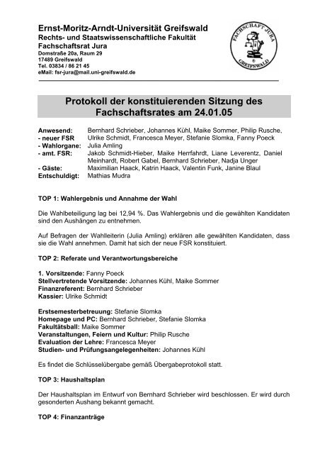 Protokoll der konstituierenden Sitzung des Fachschaftsrates am ...