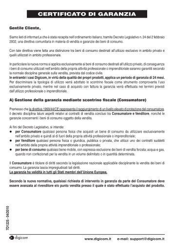 CERTIFICATO DI GARANZIA - Digicom