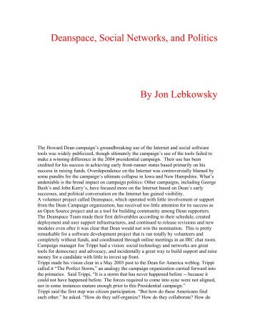 Deanspace, Social Networks, and Politics By Jon Lebkowsky