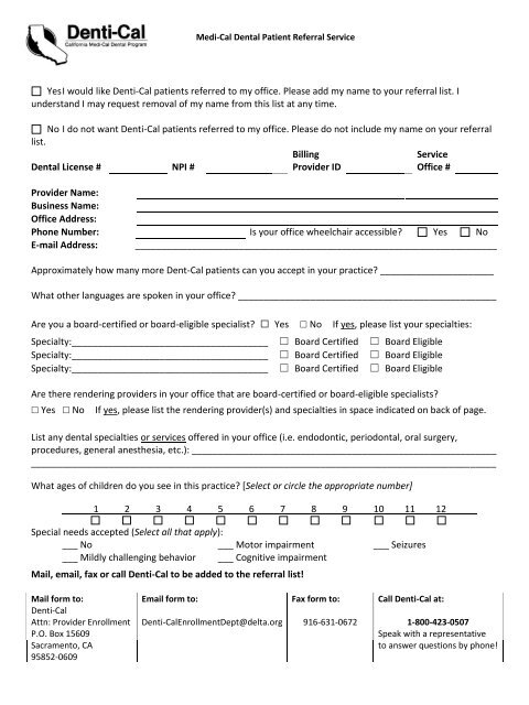 Medi-Cal Dental Patient Referral Service Form - Denti-Cal