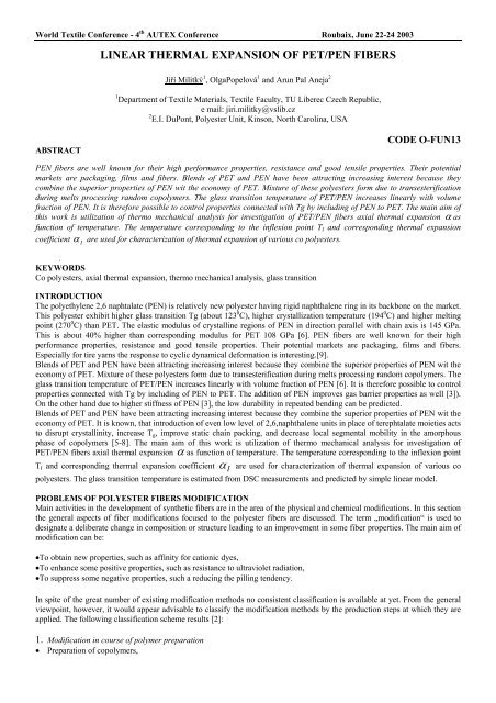 linear thermal expansion of pet/pen fibers - Centrum Textil