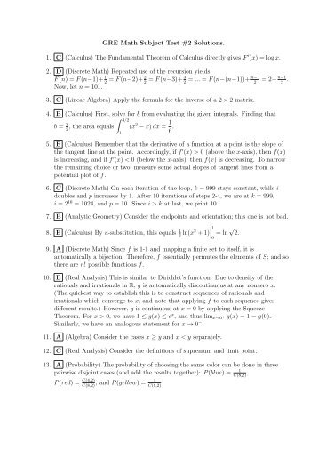 GRE Math Subject Test #2 Solutions. 1. C (Calculus) The ...