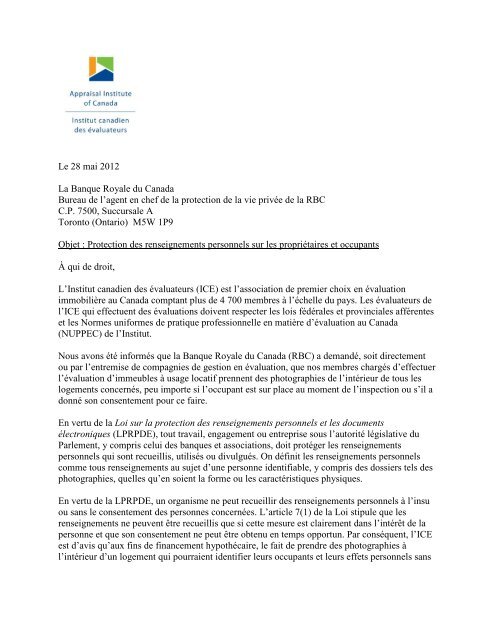 lettre au Bureau de l'agent en chef de la protection de la vie privÃ©e de