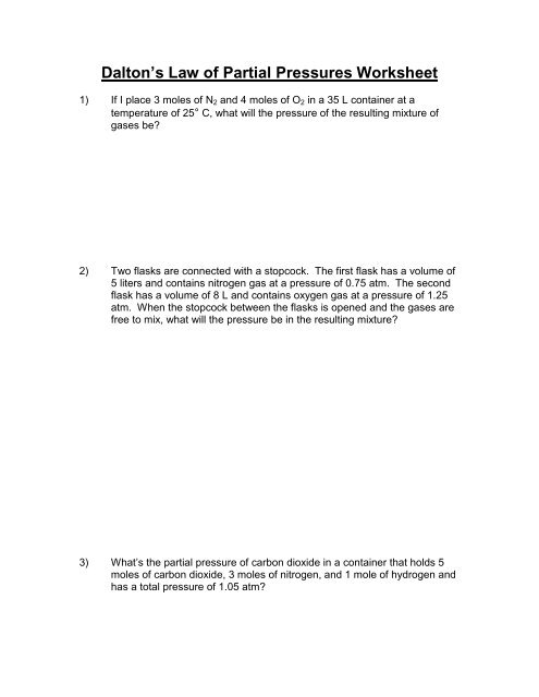 Dalton's Law of Partial Pressures Worksheet