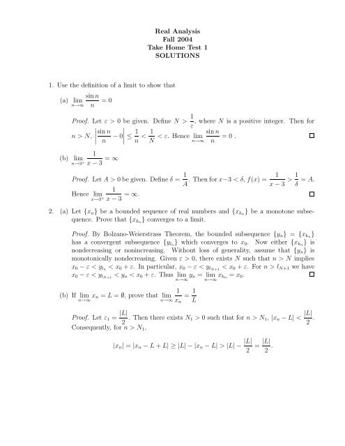 Real Analysis Fall 2004 Take Home Test 1 SOLUTIONS 1. Use the ...