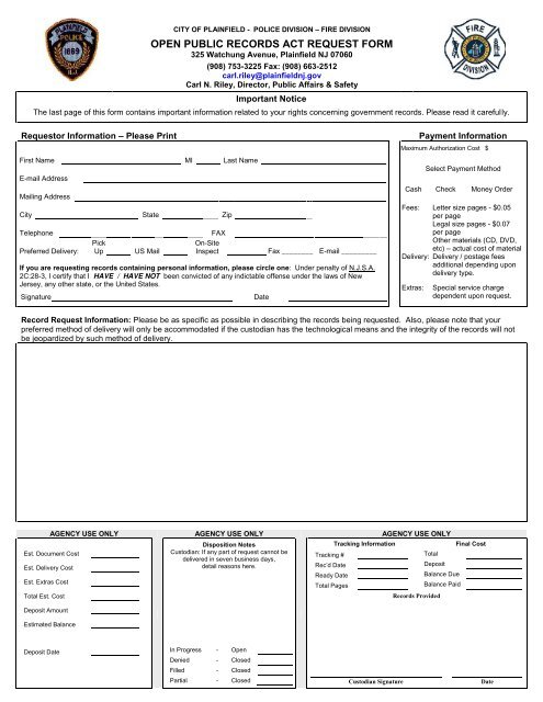 OPRA Request Form - Police Documents - City of Plainfield