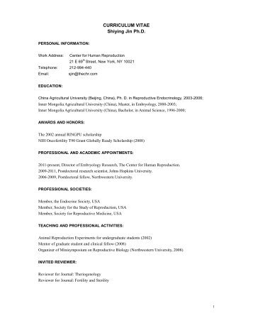 CURRICULUM VITAE Shiying Jin Ph.D. - Center for Human ...