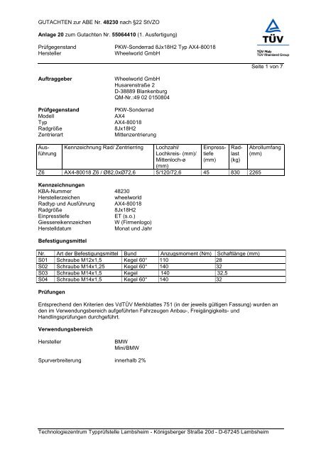 GUTACHTEN zur ABE Nr. 48230 nach Â§22 StVZO Anlage 20 zum ...