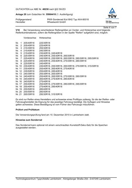 GUTACHTEN zur ABE Nr. 48230 nach Â§22 StVZO Anlage 20 zum ...