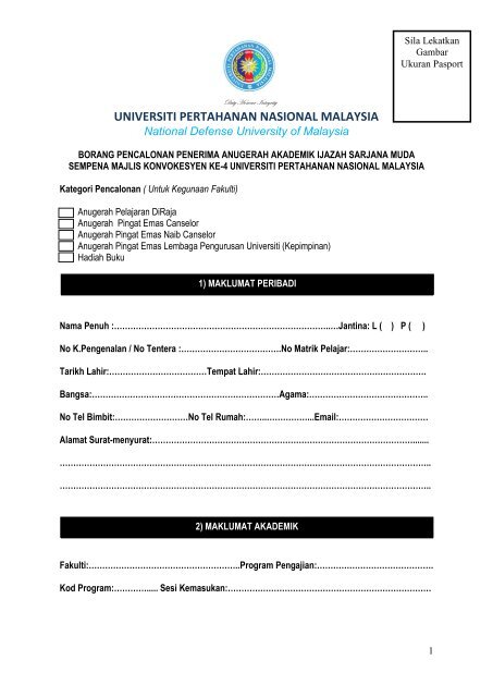 Borang Permohonan Universiti Pertahanan Nasional Malaysia