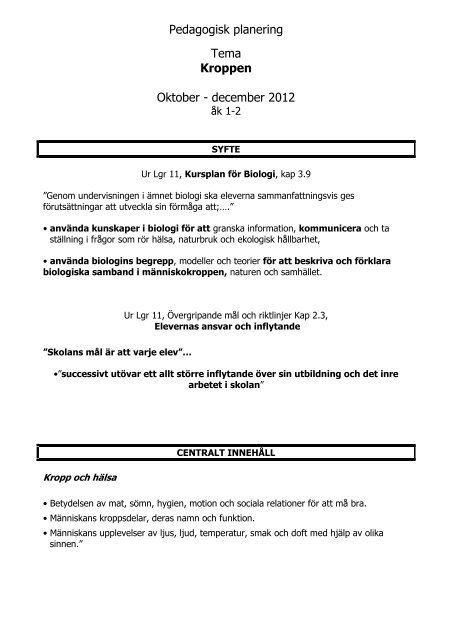 Pedagogisk planering Tema Kroppen Oktober - december 2012