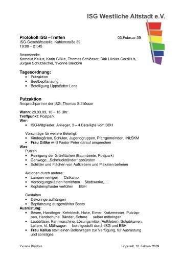 Protokoll ISG âTreffen Tagesordnung: Putzaktion