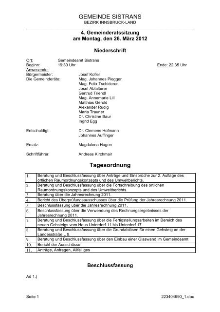 GEMEINDE SISTRANS Tagesordnung