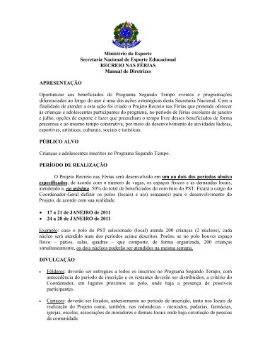 Manual das Diretrizes do Recreio nas FÃ©rias - MinistÃ©rio do Esporte