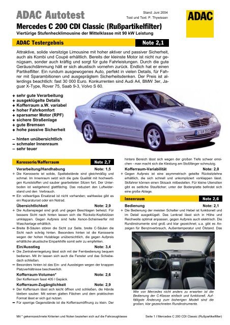 Umfassender Test Mercedes C 200 Cdi Classic Adac