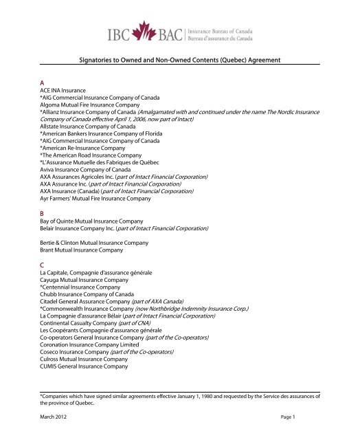 Owned Non Owned Contens Agreement Quebec Insurance Bureau