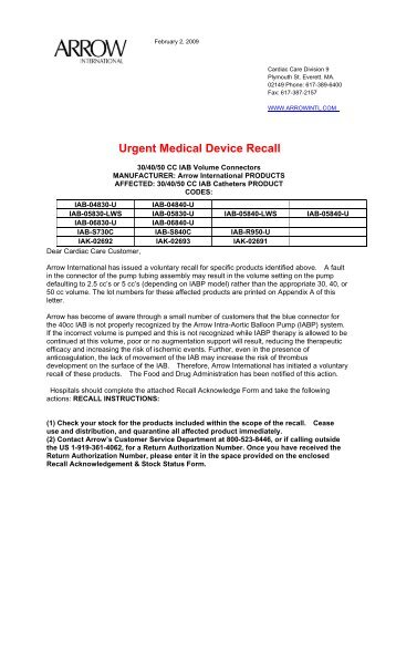 IAB Medical Device Recall Notification - Arrow International, Inc.