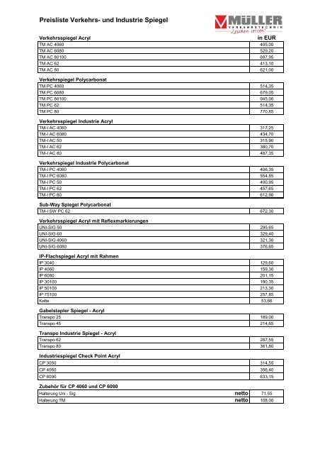 Preisliste Verkehrs- und Industrie Spiegel