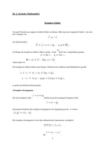 Dr. L. Krekeler Mathematik I Komplexe Zahlen