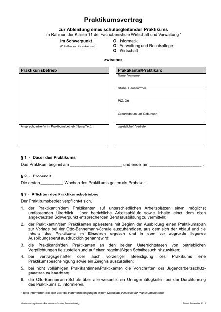 Vordruck Praktikumsvertrag Otto Bennemann Schule Braunschweig