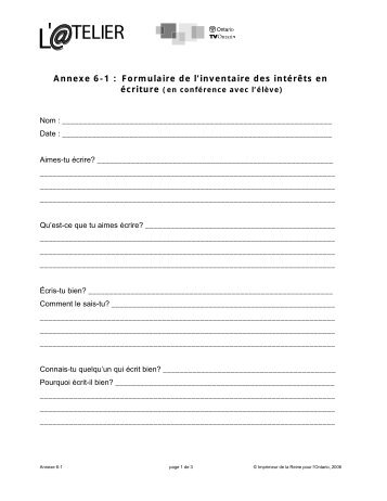 Annexe 6-1 : Formulaire de l'inventaire des intérêts en écriture
