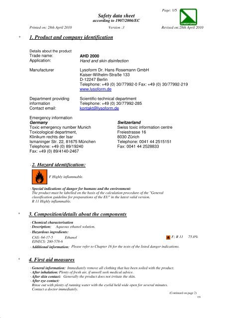 Safety data sheet 3. Composition/details about the ... - LYSOFORM