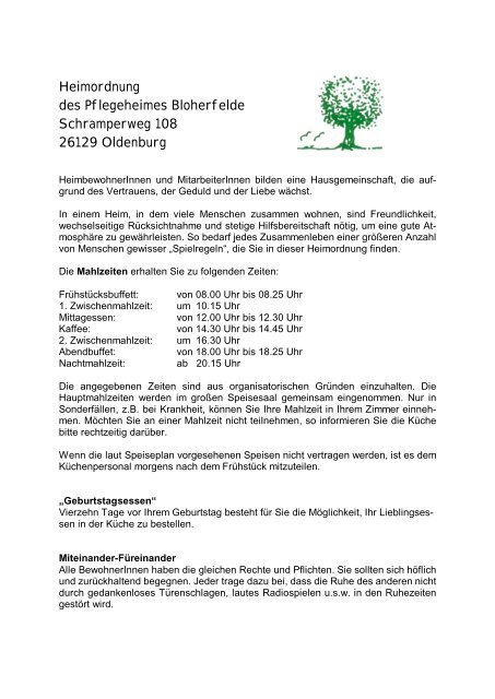 Heimordnung des Pflegeheimes Bloherfelde Schramperweg 108 ...