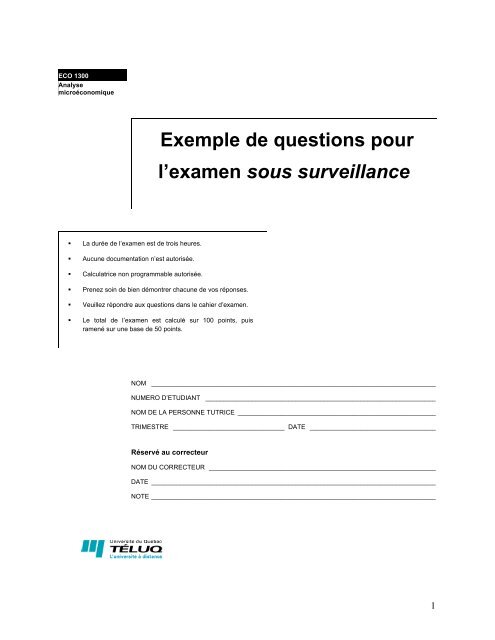 Exemple de questions pour l'examen sous surveillance