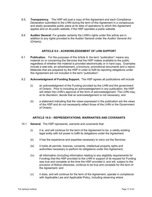 SAMPLE AGREEMENT - Aphasia Institute