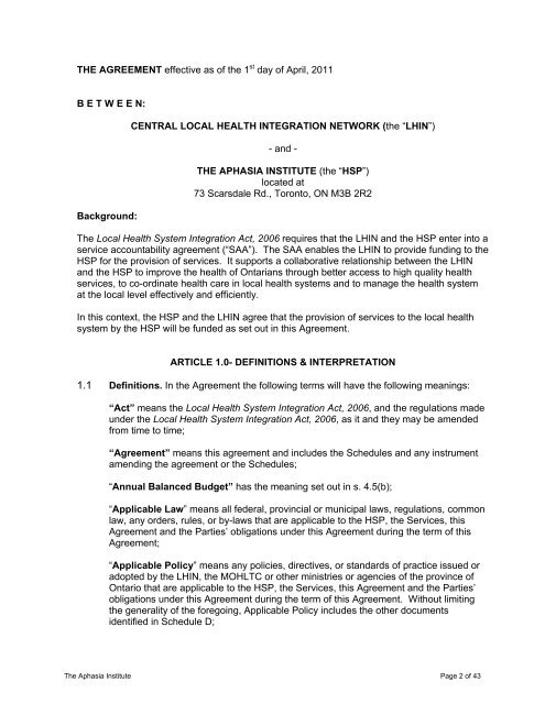 SAMPLE AGREEMENT - Aphasia Institute