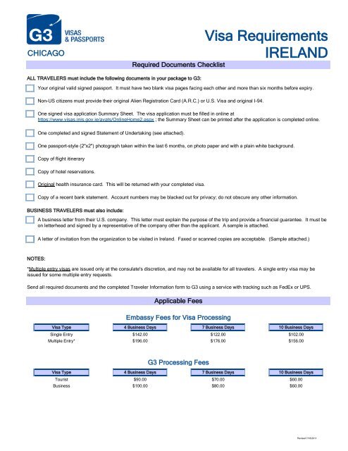 Visa Requirements IRELAND - G3 Visas & Passports