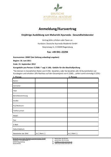 Anmeldung Gesundheitsberater - Deutsche Ayurveda Akademie