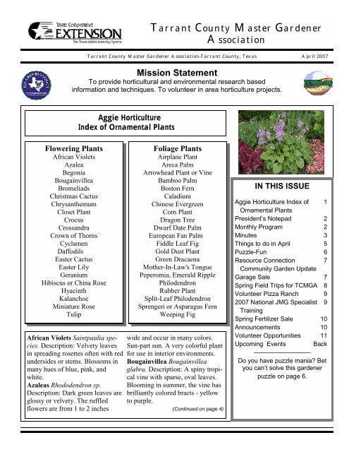 Mission Statement Tarrant County Master Gardener Association