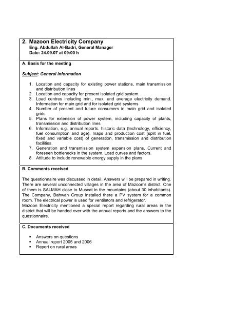 Study on Renewable Energy Resources, Oman - authority for ...