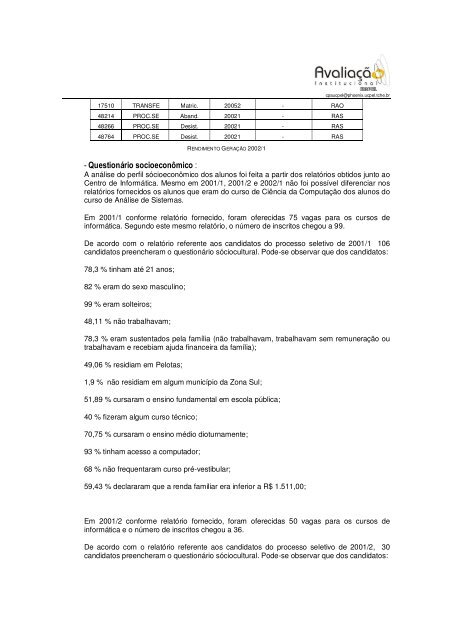 Situação do Processo de Auto Avaliação do Curso de Informática.