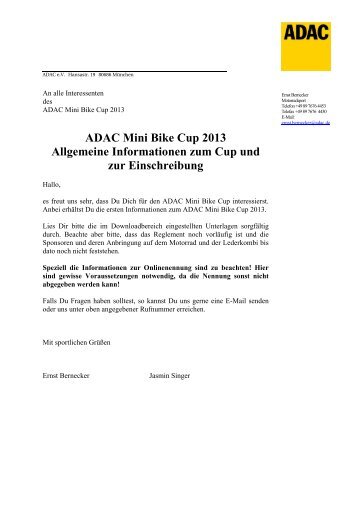 Informationspaket ADAC Mini Bike Cup 2013 - ADAC Motorsport