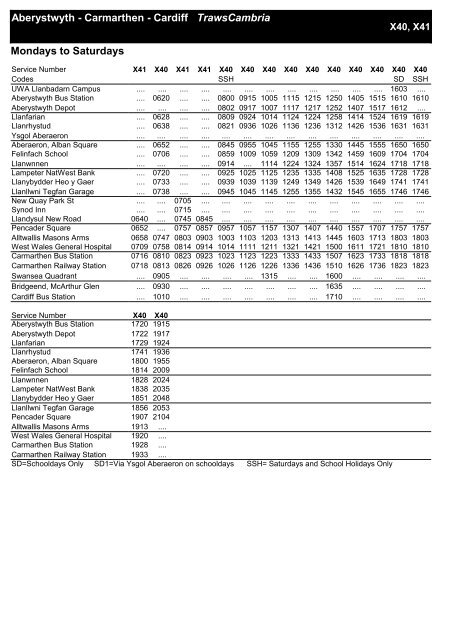 Aberystwyth - Carmarthen - Cardiff TrawsCambria Mondays ... - Arriva