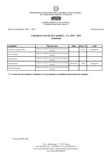 Elenco candidati STRUMENTI Triennio ordinamentale di 1Â° livello