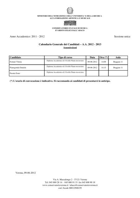 Elenco candidati STRUMENTI Triennio ordinamentale di 1Â° livello